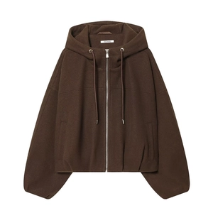 Detailed flat lay of a coffee brown hooded zip-up jacket with drawstrings and side pockets