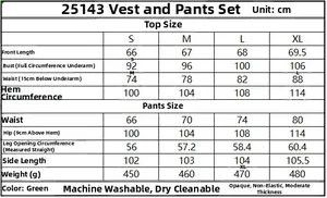 Size chart for the 2-piece vest and trousers set with measurements in cm for S to XL
