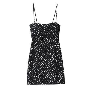Damen Sexy Gepunktetes Minikleid Rüschen Spaghettiträger Ärmellos Slim Fit A-Linie Französisches Vintage Party Sommerkleid