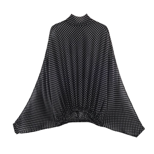 Elegant black and white polka dot chiffon blouse with batwing sleeves and mock neck design