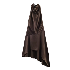Elegant chocolate satin halter dress with irregular hem and glossy silk texture