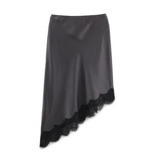Detail of elegant dark grey satin midi skirt with asymmetric black eyelash lace hem