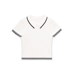 Pull polo à manches courtes en maille torsadée pour femme avec col rayé chic