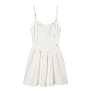 Sexy Vestito Mini a Corsetto Bianco Donna Senza Maniche Spalline con Fiocco Plissettato Slim Fit Estate Party Clubwear Moda Abito Corto