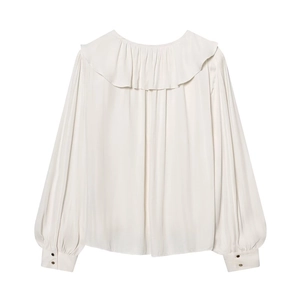 Women's pearl white long sleeve shirt featuring a large ruffle collar and gold buttons