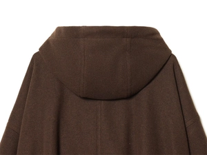 Close-up of the back hood and wool-like texture on this dark brown hooded jacket
