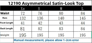 Size chart for asymmetric satin camisole top with measurements for XS to L sizes