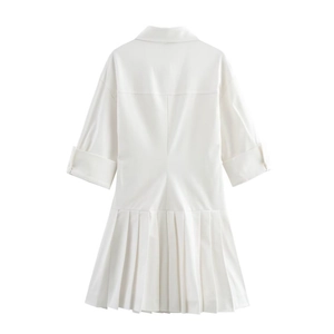 White short sleeve shirt dress with back pleats and collar detail on white background