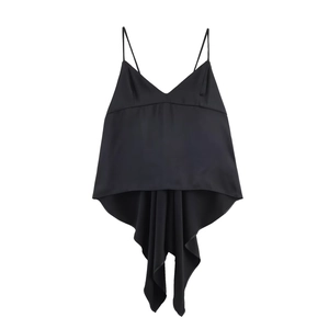 Women Sexy Asymmetric Satin Camisole Top Spaghetti Strap V Neck Backless Tie Back Irregular Hem Streetwear Fashion Cami