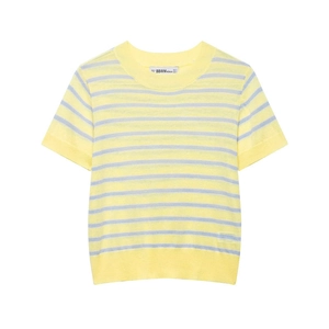 Haut En Tricot Rayé Décontracté Pour Femmes Col Rond Ample Bord-Côte Tee-Shirt En Polyester Pull Rayé Mode D'Été