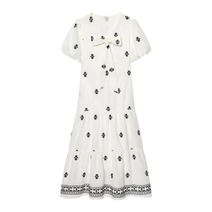 Women's Vintage V-Neck Embroidery Midi Dress White Cotton Blend Puff Sleeve Bow Tie Tiered A-Line Vacation Party Dresses