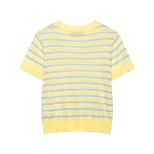 Détails du haut en maille rayé jaune et bleu clair avec col rond et bords-côtes
