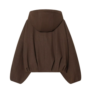 Deep brown hooded wool coat with back view showing loose drop shoulder silhouette