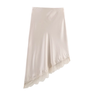 Elegant champagne satin midi skirt with irregular hem and delicate lace trim detail