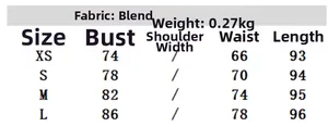 Size chart for slim fit casual dress showing XS to L measurements in centimeters