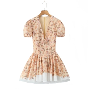 Floral V-neck mini dress with puff sleeves and lace trim for summer vacations
