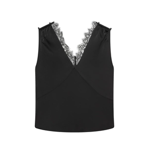 Elegantes Damen-Top aus schwarzem Satin mit tiefem V-Ausschnitt und Wimpernspitzenbesatz