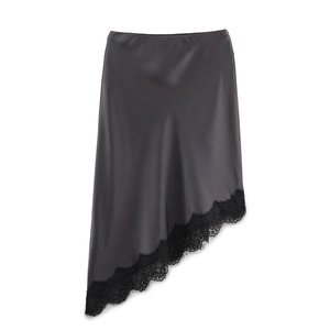Elegant dark grey satin midi skirt with irregular hem and black lace trim detailing
