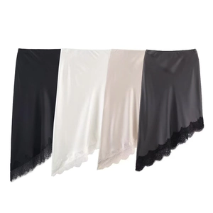 Elegant satin midi skirts in four colors featuring stylish asymmetrical lace hems