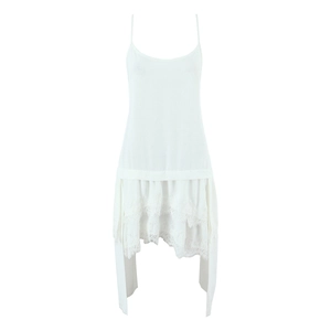Elegant white lace slip dress with silk texture and a layered asymmetrical ruffle hemline