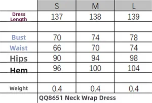 Size chart for halter neck slim fit dress showing length and chest measurements