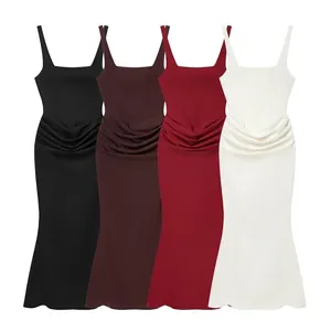 Robe Maxi Moulante Froncée pour Femmes Col Carré Sans Manches Coupe Sirène Robe de Soirée Élégante