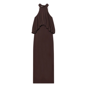 Women Halter Neck Layered Ruffle Maxi Dress Slim Fit Deep Brown Sleeveless Backless Elegant Mesh Party Long Dress