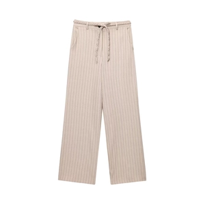 Pantaloni larghi a righe beige da donna con cintura intrecciata e tessuto leggero drappeggiato