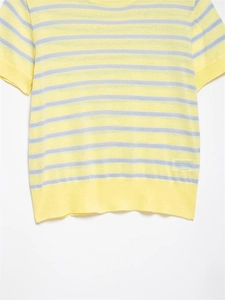 Détail du haut en tricot rayé bleu et jaune montrant la texture et l'ourlet côtelé