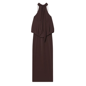 Detail of chocolate brown halter neck dress with back bow and elegant draped bodice