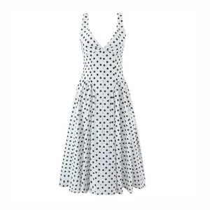 Abito Maxi da Donna Francese Vintage Scollo a V a Pois Senza Maniche Elegante Vita Alta a Trapezio per Vacanze al Mare