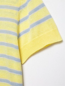 Détail du haut en maille rayé jaune et bleu clair montrant le poignet et la texture
