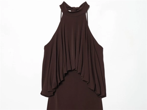 Detail of chocolate brown halter neck top with layered pleats and elegant bow neckline