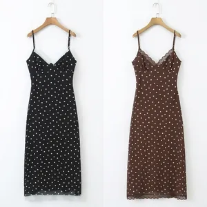 Robe à Bretelles Mode Femme à Pois et Dentelle Élégante Col en V Sans Manches Été Épissage Robe Longue Midi Streetwear Casual