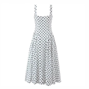 Abito midi vintage francese a pois con scollo a V, vita aderente e orlo a trapezio senza maniche
