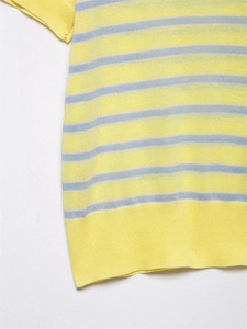 Vue détaillée du tissu en maille rayé jaune et bleu clair avec texture fine