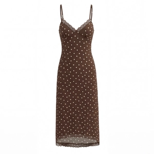 Robe marron à pois sans manches avec dentelle et fines bretelles élégantes pour femmes