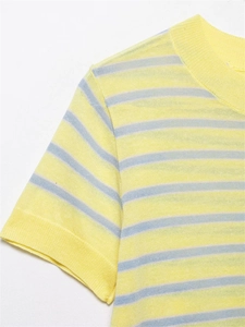 Détail de l'encolure et des coutures sur un haut en tricot à rayures jaunes et bleu clair
