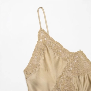 Elegant champagne gold satin dress with intricate floral lace embroidery detailing