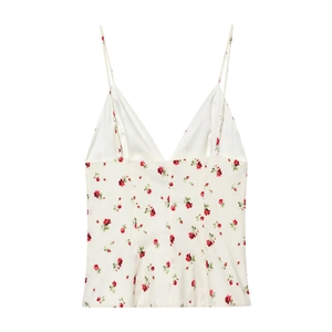 Fashionable backless crop top with rose floral print and V-neckline in creamy white