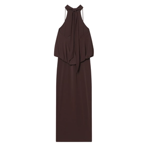 Elegant dark brown halter neck maxi dress with large back bow and draped layers