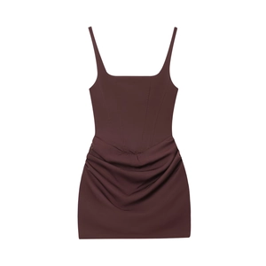 Detail of dark brown corset style dress with square neck and ruched skirt design