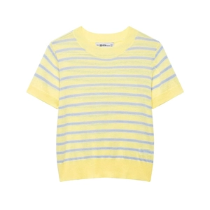 Haut en tricot rayé à manches courtes jaune et gris avec un col rond classique