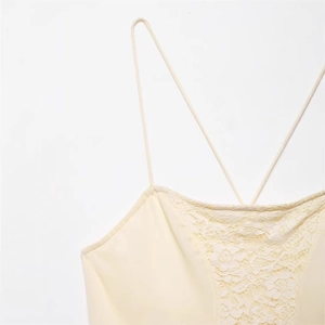 Slim fit cream lace camisole dress featuring elegant floral embroidery and thin straps