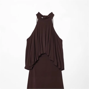 Sleek chocolate brown halter dress with layered draped ruffles and slim fit design