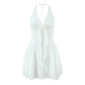 Women Sexy White Lace Halter Dress 3D Rose Flower V Neck Backless Hollow Out A-Line Mini Vacation Party Dress