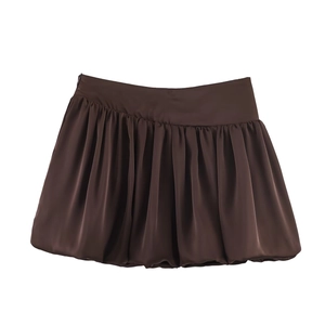 Jupe ballon taille haute marron chocolat chic avec silhouette bouffante plissée pour femme