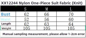 Size chart showing bust, waist, and length measurements for knitted nylon bodysuit