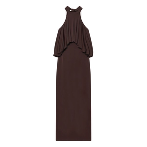 Elegant deep brown halter neck maxi dress with ruffled bodice overlay on white background