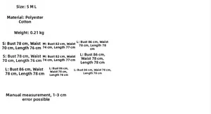 Detailed size chart for halter mini dress featuring polyester cotton measurements from S to L